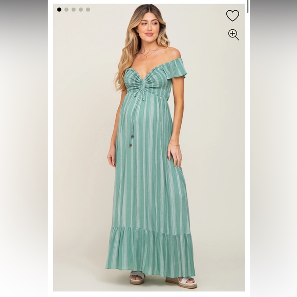Green Stripped Off Shoulder Front Tie Maternity Dress! 🤍 - Picture 1 of 6